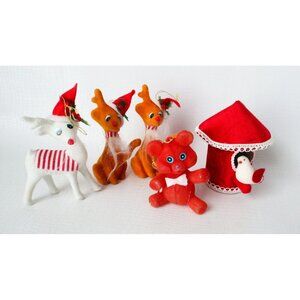 5 Vintage Flocked Christmas Tree Ornaments Deer Bird House With White Dove & Bea